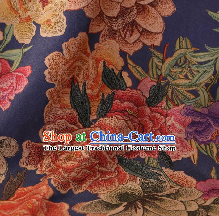 Chinese Traditional Drapery Blue Silk Fabric Palace Peony Flowers Pattern Cheongsam Satin Plain Gambiered Guangdong Gauze