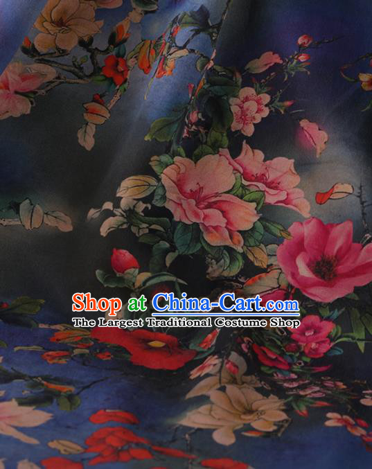 Chinese Classical Navy Satin Plain Cheongsam Drapery Silk Fabric Traditional Peony Pattern Gambiered Guangdong Gauze