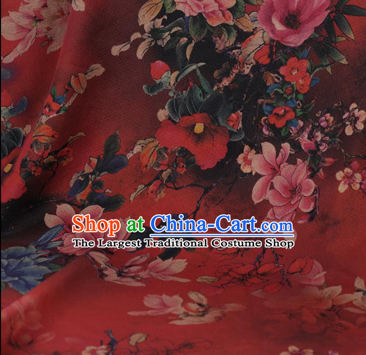 Chinese Classical Red Satin Plain Cheongsam Drapery Silk Fabric Traditional Peony Pattern Gambiered Guangdong Gauze