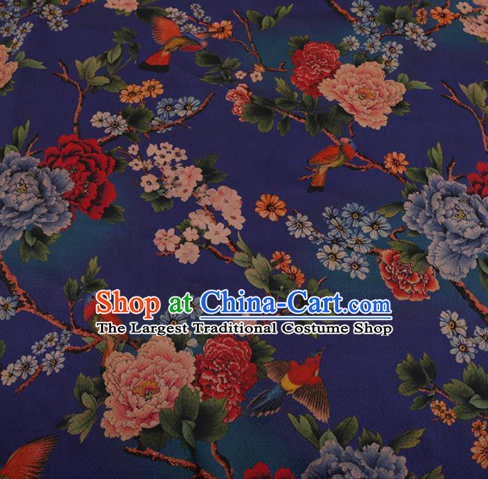 Chinese Traditional Cheongsam Drapery Blue Silk Fabric Palace Peony Pattern Satin Plain Gambiered Guangdong Gauze