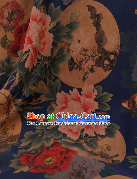 Chinese Traditional Cheongsam Drapery Blue Silk Fabric Palace Peony Pattern Satin Plain Gambiered Guangdong Gauze