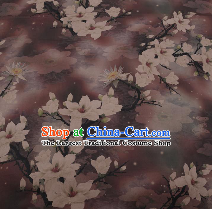 Chinese Classical Purple Silk Fabric Traditional Magnolia Pattern Satin Plain Cheongsam Drapery Gambiered Guangdong Gauze