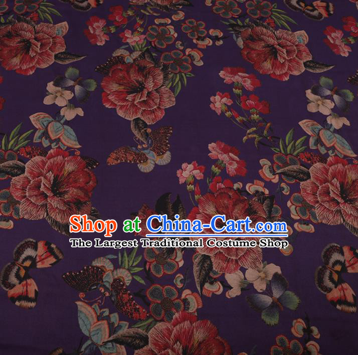 Chinese Traditional Purple Silk Fabric Classical Peony Pattern Satin Plain Cheongsam Drapery Gambiered Guangdong Gauze