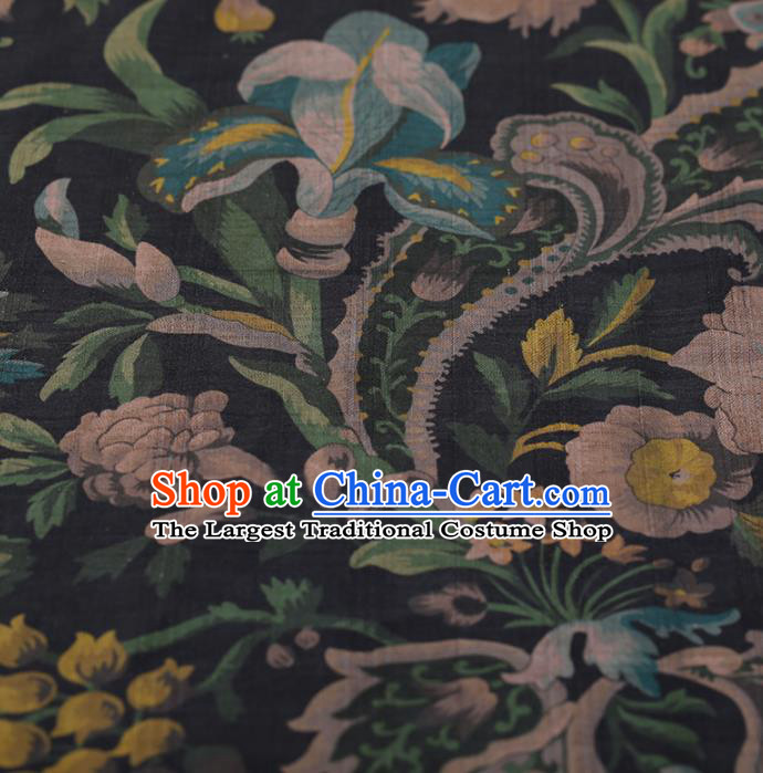 Chinese Traditional Black Silk Fabric Classical Flowers Pattern Satin Plain Cheongsam Drapery Gambiered Guangdong Gauze