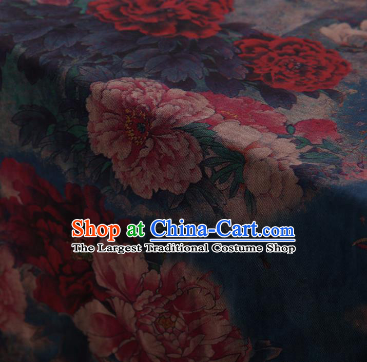 Chinese Traditional Silk Fabric Classical Peony Pattern Blue Satin Plain Cheongsam Drapery Gambiered Guangdong Gauze