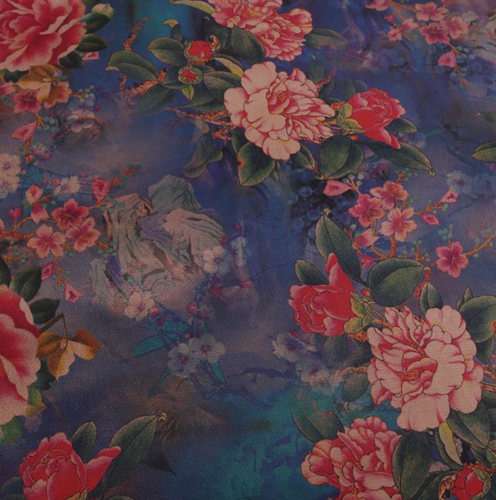 Chinese Classical Blue Silk Fabric Traditional Peony Pattern Satin Plain Cheongsam Drapery Gambiered Guangdong Gauze