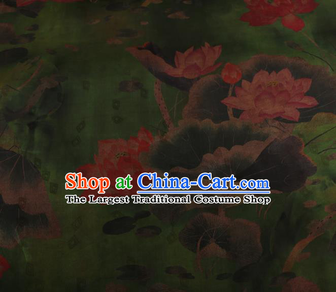 Chinese Traditional Silk Fabric Classical Lotus Pattern Green Satin Plain Cheongsam Drapery Gambiered Guangdong Gauze