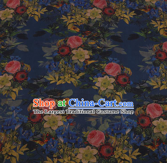 Chinese Traditional Silk Fabric Classical Roses Pattern Blue Satin Plain Cheongsam Drapery Gambiered Guangdong Gauze