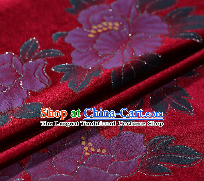 Asian Chinese Red Velvet Fabric Traditional Classical Peony Pattern Cheongsam Pleuche Drapery Gambiered Guangdong Gauze