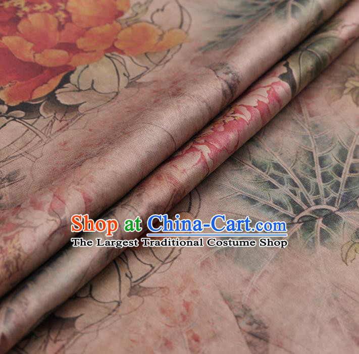 Asian Chinese Gambiered Guangdong Gauze Traditional Pink Satin Plain Classical Peony Pattern Cheongsam Silk Drapery