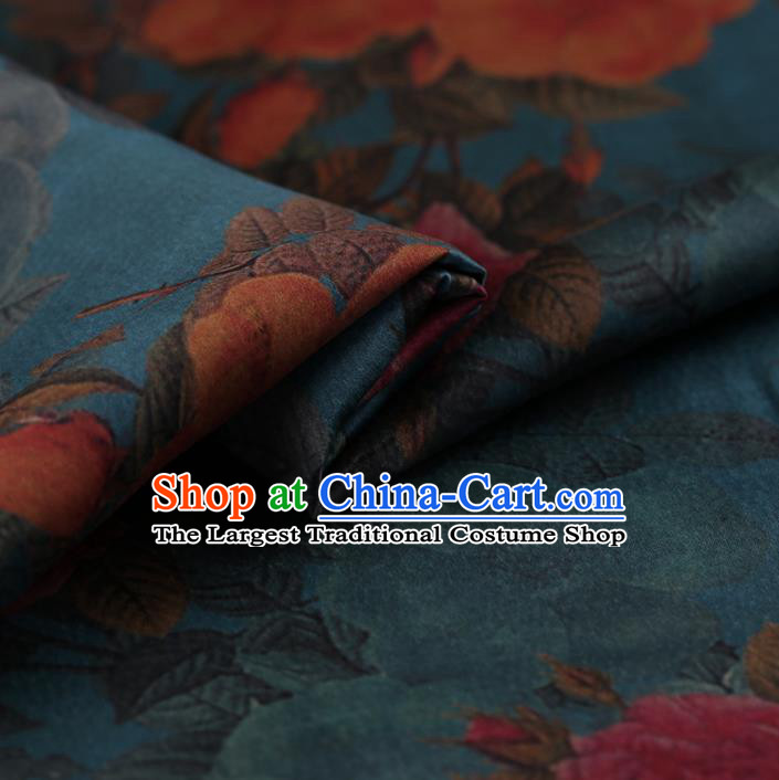 Chinese Traditional Blue Gambiered Guangdong Gauze Satin Plain Classical Peony Pattern Cheongsam Silk Drapery