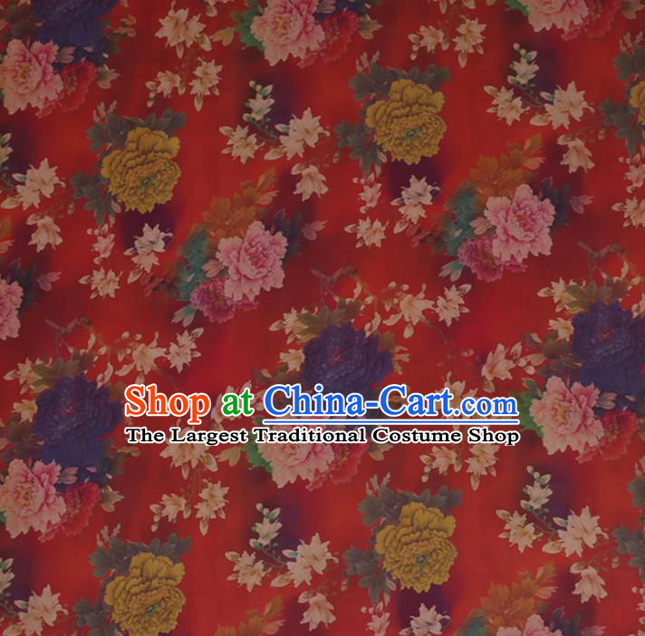 Traditional Chinese Red Gambiered Guangdong Gauze Satin Plain Classical Peony Pattern Cheongsam Silk Drapery