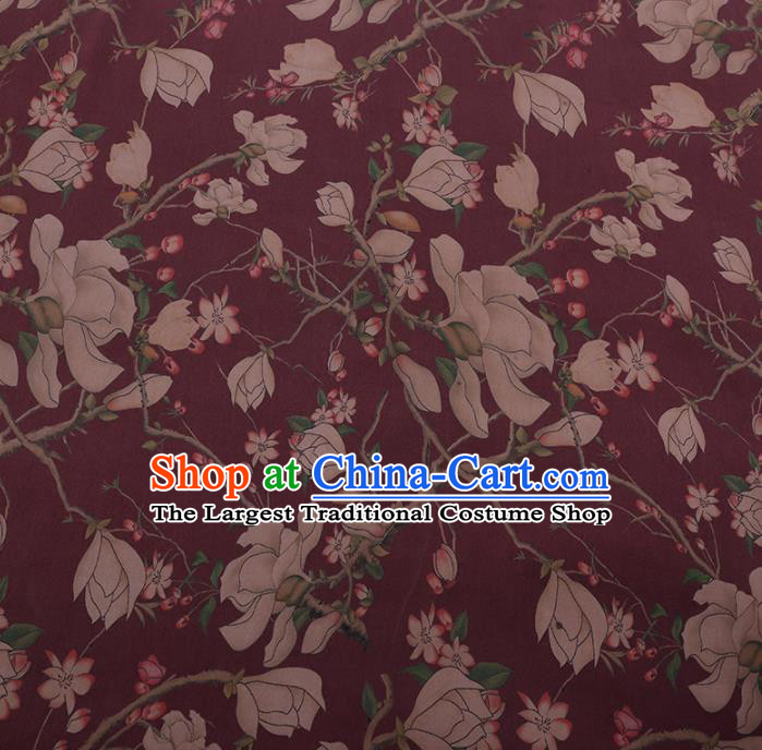 Traditional Chinese Purple Gambiered Guangdong Gauze Satin Plain Classical Yulan Magnolia Pattern Cheongsam Silk Drapery