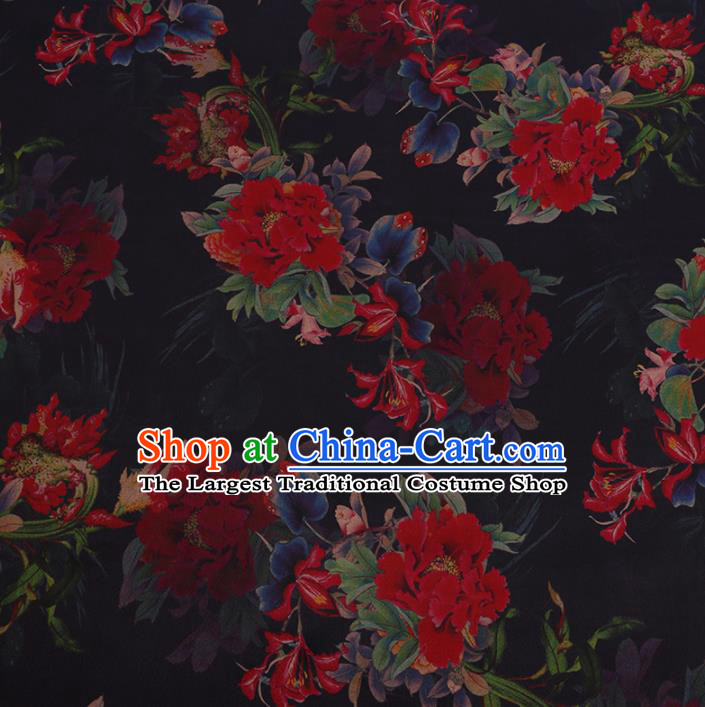 Chinese Traditional Brocade Fabric Palace Peony Pattern Black Satin Plain Cheongsam Silk Drapery