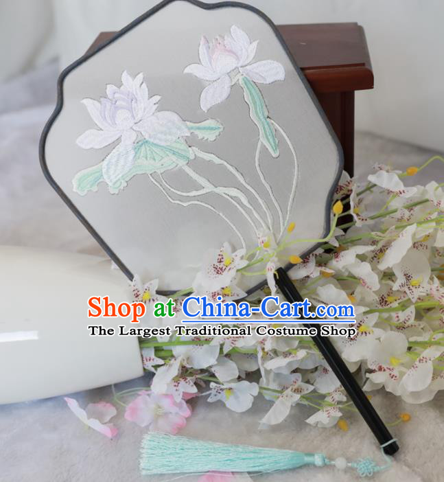 Chinese Traditional Hanfu Palace Fans Ancient Handmade Embroidered Lotus Round Fans for Women