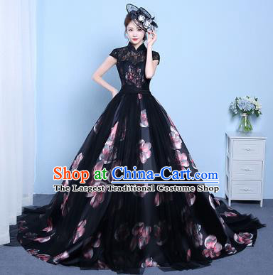 Top Performance Catwalks Costumes Wedding Dress Black Lace Trailing Full Dress for Women