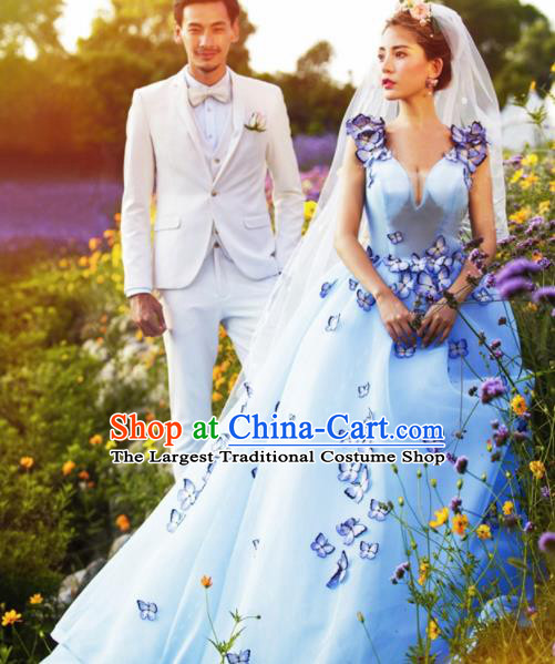 Top Performance Catwalks Costumes Wedding Dress Blue Trailing Full Dress for Women