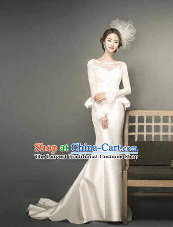 Top Performance Catwalks Costumes Wedding Dress Beige Satin Full Dress for Women