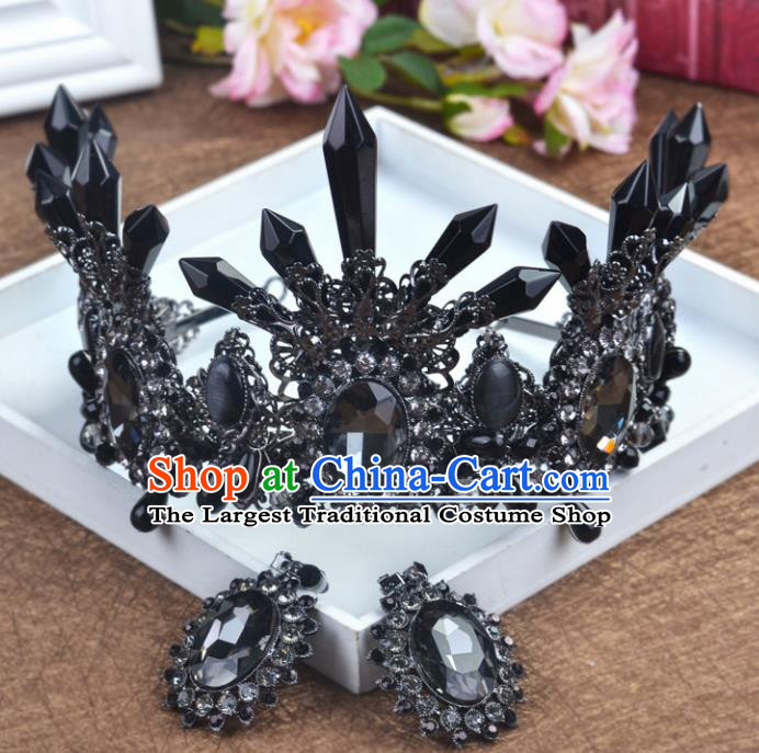 Handmade Bride Hair Accessories Wedding Black Crystal Royal Crown for Women