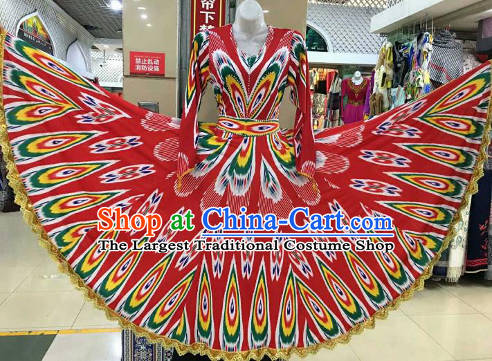 Chinese Traditional Xinjiang Uigurian Ethnic Red Costumes Uyghur Minority Folk Dance Dress for Women