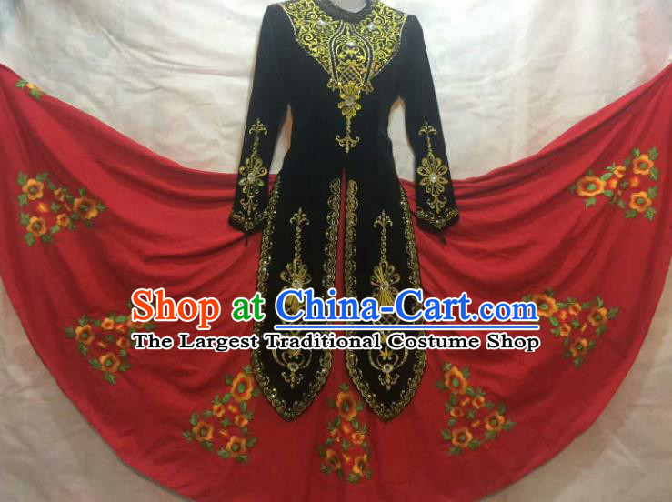 Chinese Traditional Uigurian Nationality Ethnic Costumes Xinjiang Uyghur Minority Folk Dance Black Dress for Women