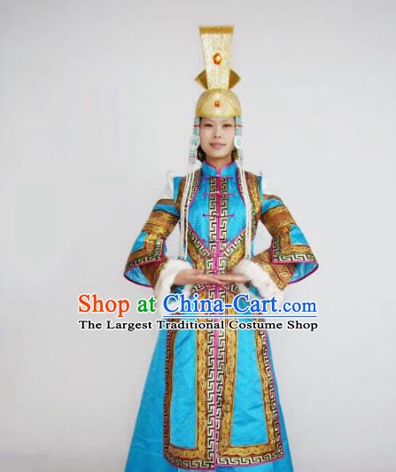 Chinese Traditional Bride Ethnic Costumes Mongolian Minority Nationality Blue Dress for Women