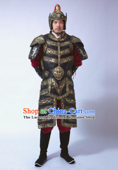 Traditional Chinese Ancient Qin Dynasty General Costumes Helmet and Body Armour for Men