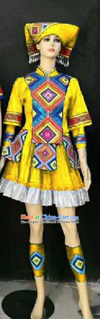 Chinese Traditional Zhuang Nationality Yellow Ethnic Costumes Folk Dance Dress for Women