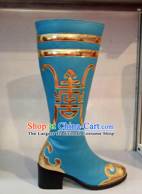 Chinese Traditional Mongol Nationality Shoes Mongolian Folk Dance Ethnic Blue Boots for Women