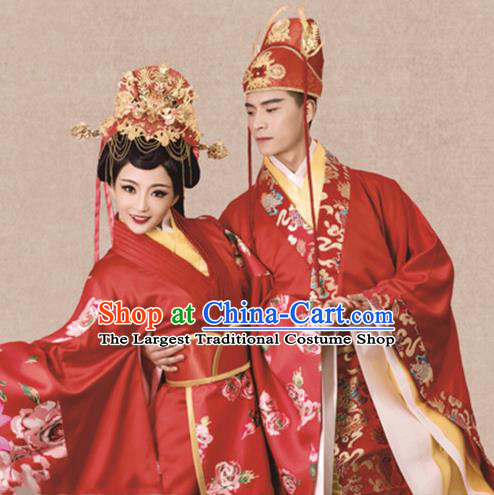 Traditional Chinese Ancient Han Dynasty Embroidered Wedding Costumes and Headpiece Complete Set for Women for Men