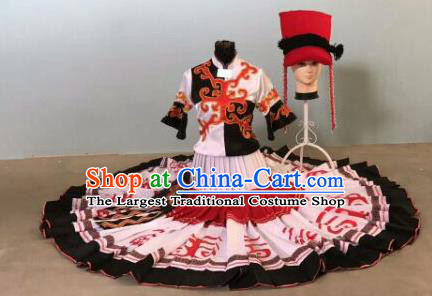 Chinese Traditional Qiang Nationality Costumes Ethnic Folk Dance Dress and Hat for Women