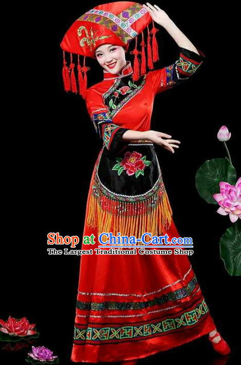 Chinese Traditional Zhuang Nationality Costumes Ethnic Folk Dance Red Dress and Hat for Women