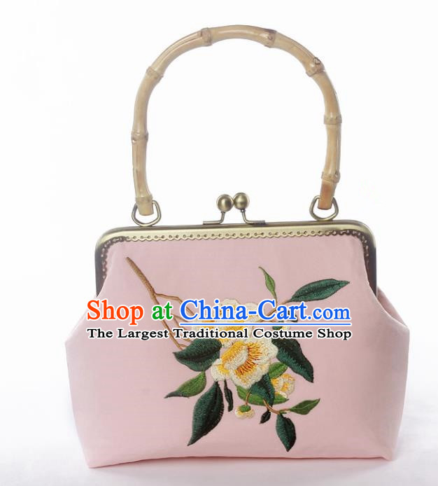 Chinese Traditional Handmade Embroidered Camellia Pink Bags Retro Handbag for Women