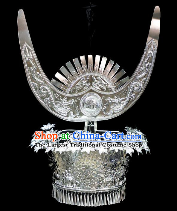 Chinese Traditional Miao Nationality Wedding Hair Accessories Hmong Carving Sliver Phoenix Coronet for Women