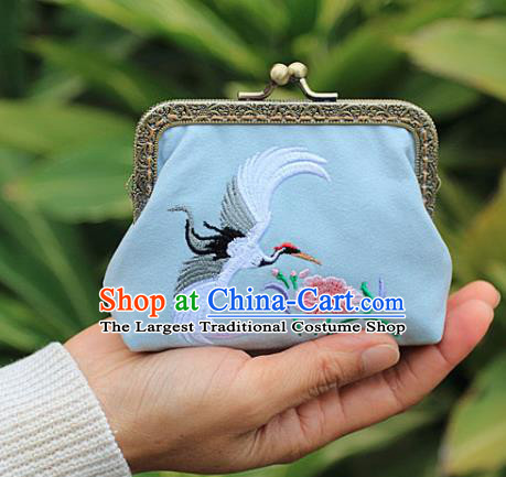 Chinese Traditional Handmade Embroidered Crane Flower Blue Wallet Retro Coin Purse Handbag for Women