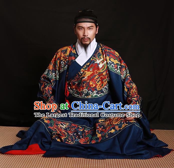 Chinese Traditional Ming Dynasty Imperial Bodyguard Clothing Ancient Blads Embroidered Blue Costumes for Men