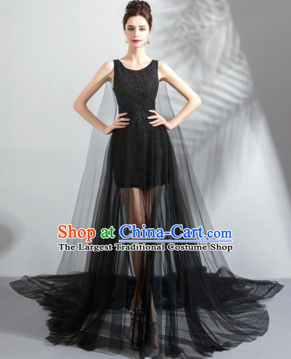 Top Grade Handmade Catwalks Costumes Compere Black Veil Full Dress for Women