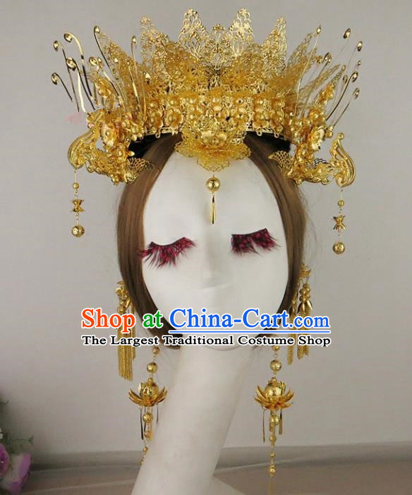 Chinese Traditional Bride Wedding Hair Accessories Ancient Golden Phoenix Coronet Hairpins for Women