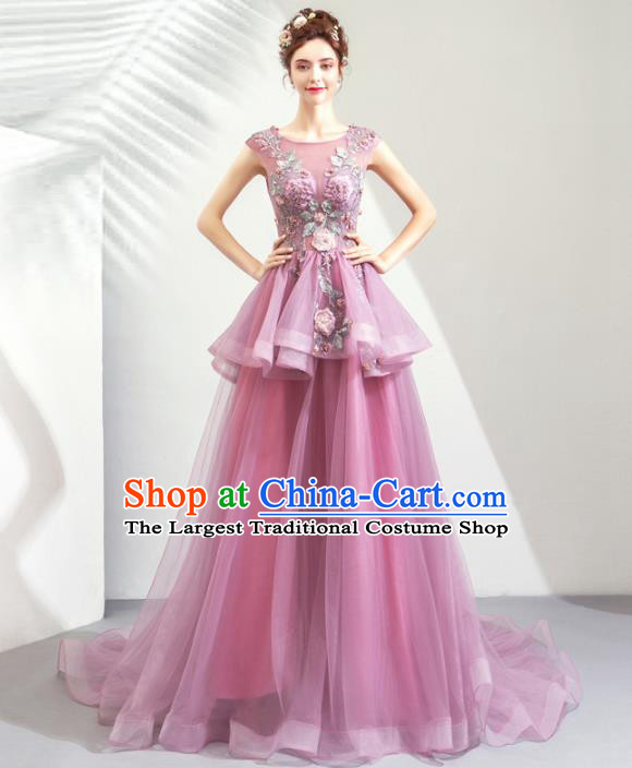 Top Grade Handmade Catwalks Costumes Compere Purple Veil Full Dress for Women