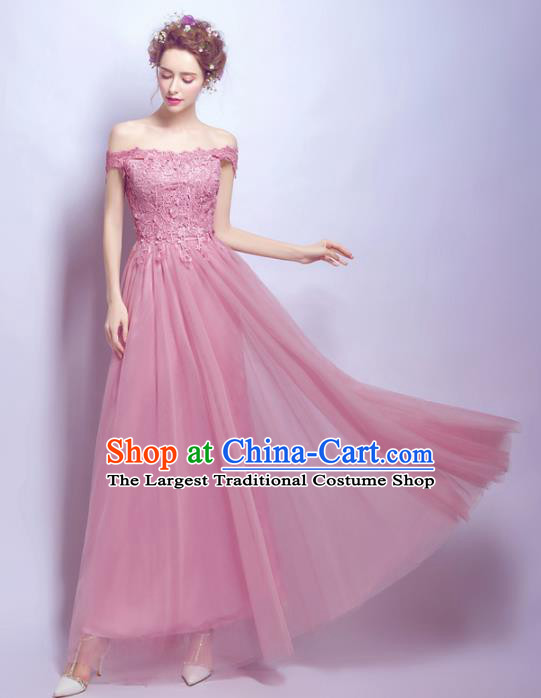 Top Grade Handmade Compere Costume Catwalks Embroidered Pink Formal Dress for Women