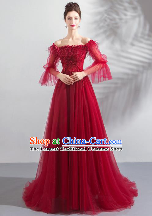 Top Grade Compere Embroidered Costume Handmade Catwalks Bride Wine Red Veil Formal Dress for Women