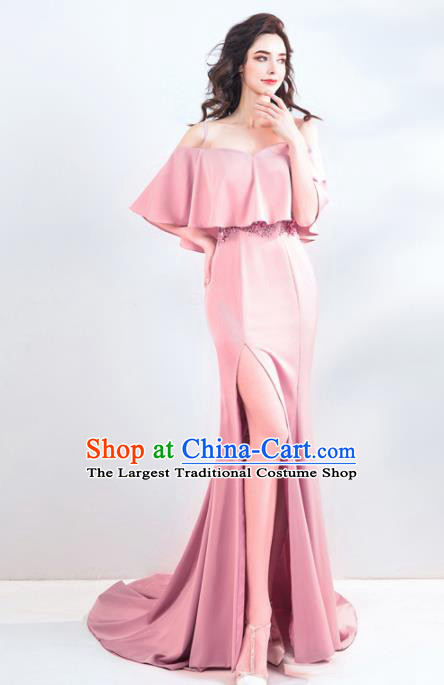 Top Grade Compere Costume Handmade Catwalks Bride Pink Silk Formal Dress for Women