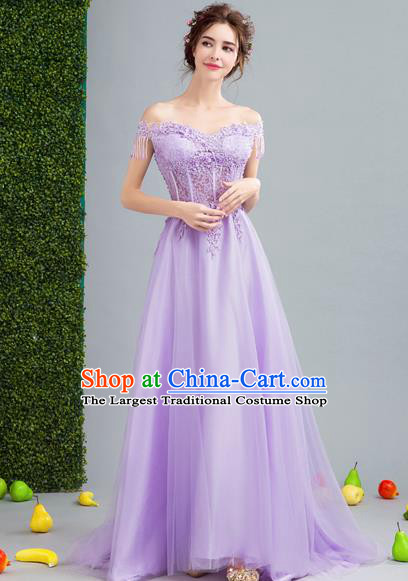 Top Grade Compere Formal Dress Handmade Catwalks Purple Veil Full Dress for Women