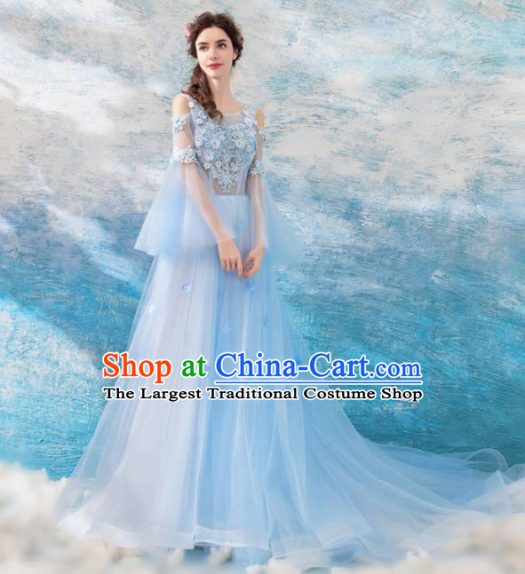 Top Grade Handmade Compere Costume Catwalks Blue Lace Formal Dress for Women