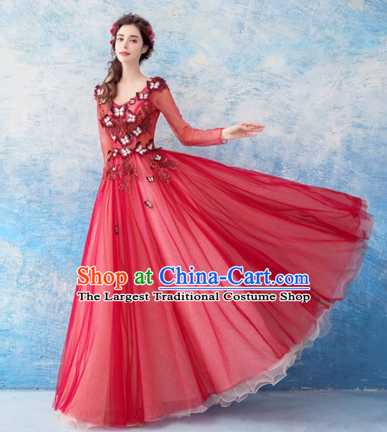 Handmade Princess Red Veil Wedding Dress Fancy Embroidered Wedding Gown for Women