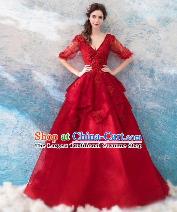 Handmade Top Grade Princess Wine Red Wedding Dress Fancy Wedding Gown for Women