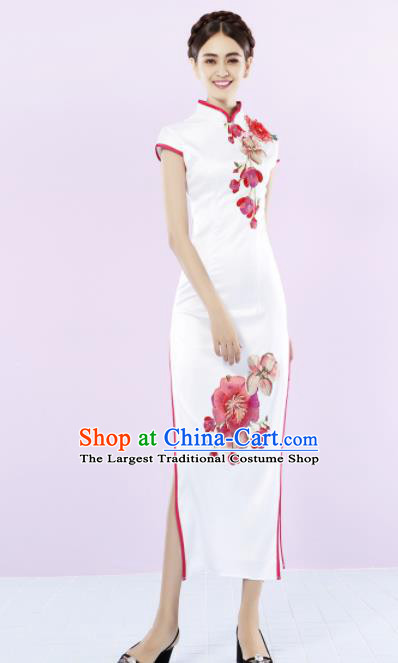 Chinese Traditional Chorus White Cheongsam Wedding Bride Costume Compere Full Dress for Women