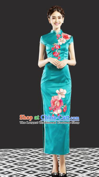 Chinese Traditional Chorus Green Cheongsam Wedding Bride Costume Compere Full Dress for Women