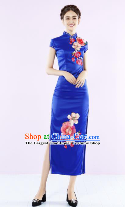 Chinese Traditional Chorus Royalblue Cheongsam Wedding Bride Costume Compere Full Dress for Women