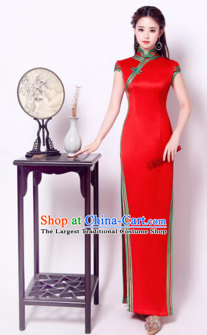 Chinese Traditional Chorus Red Cheongsam Wedding Bride Costume Compere Full Dress for Women